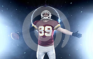 American football player celebrating winning the game. Template for bookmaker ads with copy space. Mockup for betting