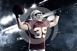 American football player celebrating winning the game. Template for bookmaker ads with copy space. Mockup for betting