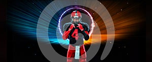 American football player. Download photo for sports betting advertisement. Website header. Sports design in neon glow