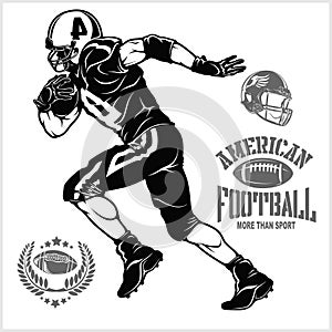 American football player and emblems isolated on black