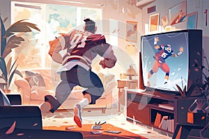American football player in the exact istant of jumping out from tv screen to score a touchdown in the living room illustration