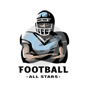American football player logo, symbol. Vector illustration.