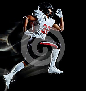 American football player man isolated black background light painting