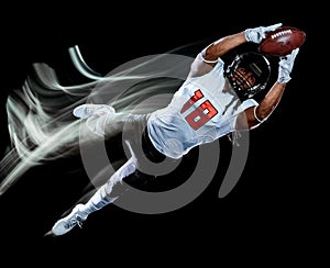 American football player man isolated black background light painting