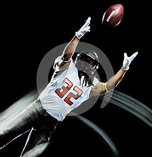 American football player man isolated black background light painting