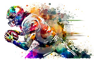 american football player man with multicolored paint splash, isolated on white background. Neural network generated art