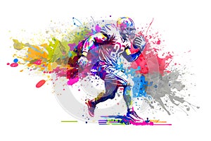 american football player man with multicolored paint splash, isolated on white background. Neural network generated art
