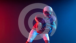 American football player picture with neon colors. Template for bookmaker ads with copy space. Mockup for betting