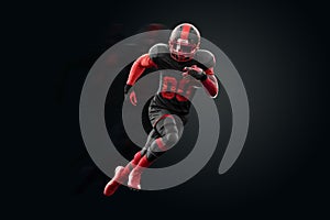 American Football player in red and black uniform in running pose on black background. American Football, advertising poster,