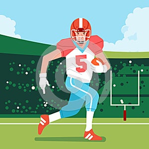 American football player running across the field carrying the ball to touchdown