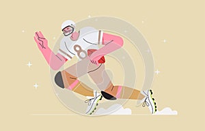 American football player running and holding ball. Male trendy character playing football or gridiron and run fast photo