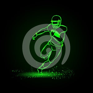 American football player runs away with the ball. Green Neon American football Sports Vector Illustration.