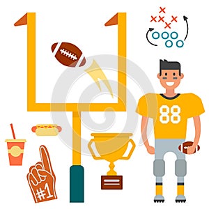 American football player and sport game icons vector cartoon style quarterback jumping success usa athlete