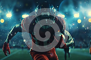 American football player sprinting with the ball under the stadium lights during a nighttime game