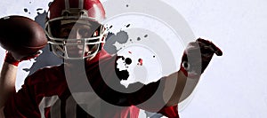 Composite image of american football player standing with helmet preparing to throw ball