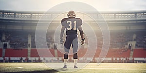 American football player wearing helmet standing in full length on stadium