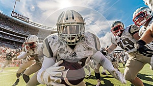 American football players in action during a game on a sunny day. Generative AI.