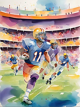 American football players in action on a stadium.