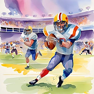 American football players in action on a stadium.