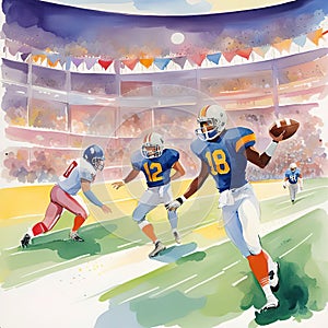 American football players in action on a stadium.