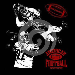 American football players holding ball, isolated vector silhouette. Team sport