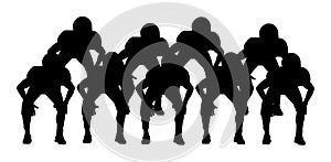American football players on the scrimmage line vector silhouette. Rugby players team vector illustration. Defense formation in ac