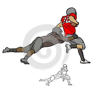 American football players tackling opposing player with ball vector illustration sketch doodle hand drawn with black lines