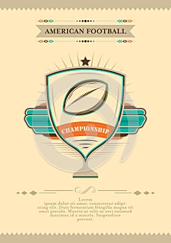 American football poster. Vector illustration in retro style with star, emblem and ball.