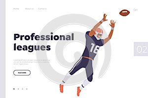 American football professional leagues landing page design template with sportsman catching ball