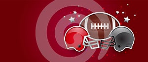 American football red background banner with american football ball, two opponent teams helmets in red and gray color, stars in