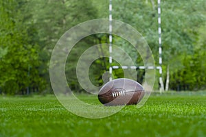 American football, rugby ball on green grass field background