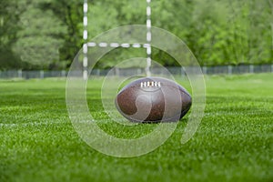 American football, rugby ball on green grass field background