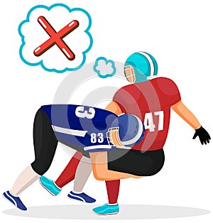 American football, rugby players in action and disagree icon, red cross sticker in speech bubble