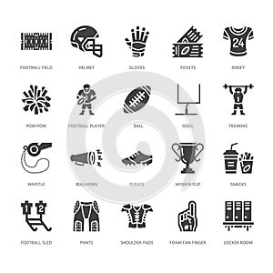 American football, rugby vector flat glyph icons. Sport game elements - ball, field, player, helmet, fan finger, snacks