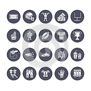 American football, rugby vector flat glyph icons. Sport game elements - ball, field, player, helmet, fan finger snacks