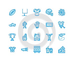 American football, rugby vector flat line icons. Sport game elements - ball, field, player, helmet, fan finger, snacks