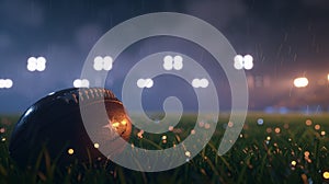 An American football sits on a field at night with bright stadium lights illuminating the background, Ai Generated