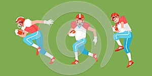 American football sport player in action set carrying ball and fast run side view ready to trow