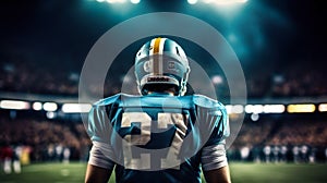 American football sportsman player on stadium with lights on background