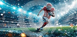 American football sportsman player on stadium running in action. Sport wallpaper