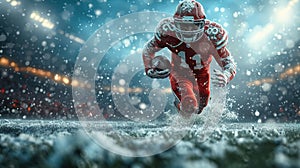 American football sportsman player on stadium running in action. Sport wallpaper