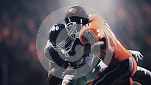 American football sportsman player on stadium running in action. Sport wallpaper with copy space.