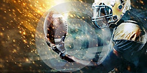 American football sportsman player on stadium running in action. Sport wallpaper with copyspace.