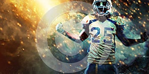 American football sportsman player on stadium running in action. Sport wallpaper with copyspace.