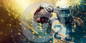 American football sportsman player on stadium running in action. Sport wallpaper with copyspace.