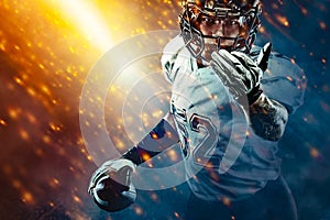 American football sportsman player on stadium running in action. Sport wallpaper with copyspace.