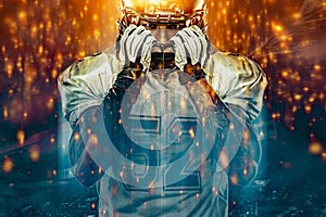 American football sportsman player on stadium running in action. Sport wallpaper with copyspace. Team sports.