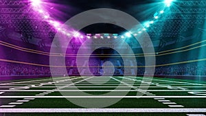 American football stadium with goal post, grass field and blurred fans at tribune view. 3D render. Neon light