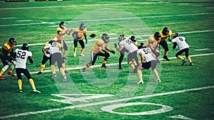American Football Teams Start Game: Professional Players, Aggressive Face-off, Tackle, Pass, Fight