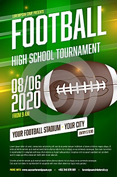 American football tournament poster template with ball and grass